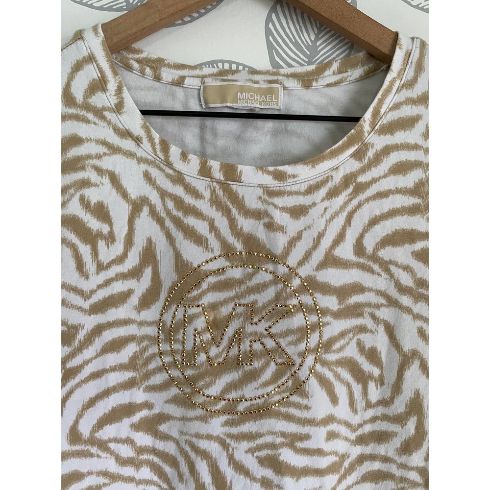 Michael Kors Bedazzled Tan and White Tshirt, Size L